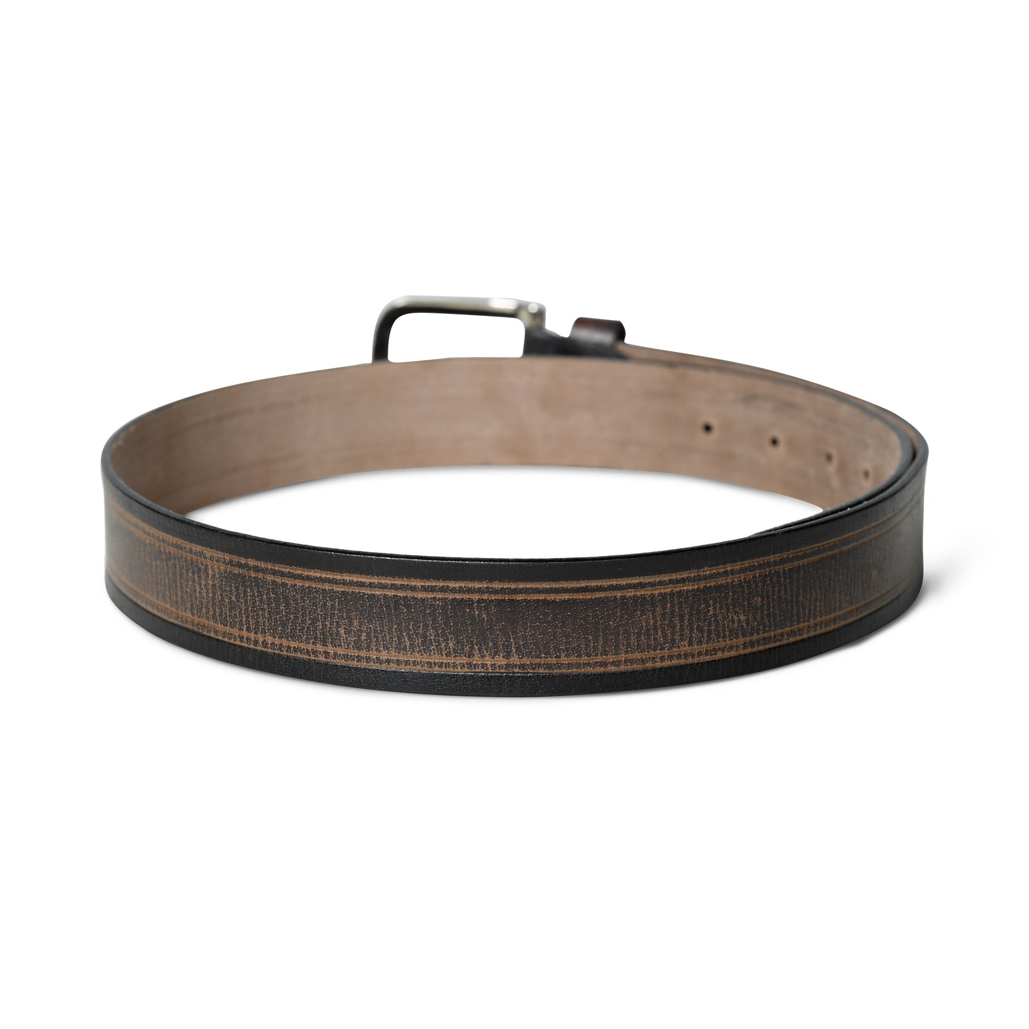 Brown leather belt with a silver buckle on a white background