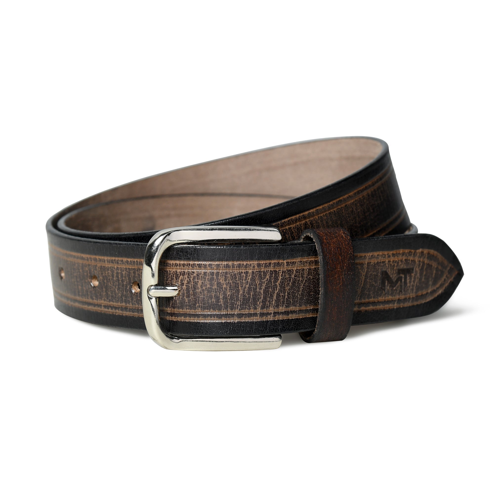 Brown leather belt with silver buckle on a white background