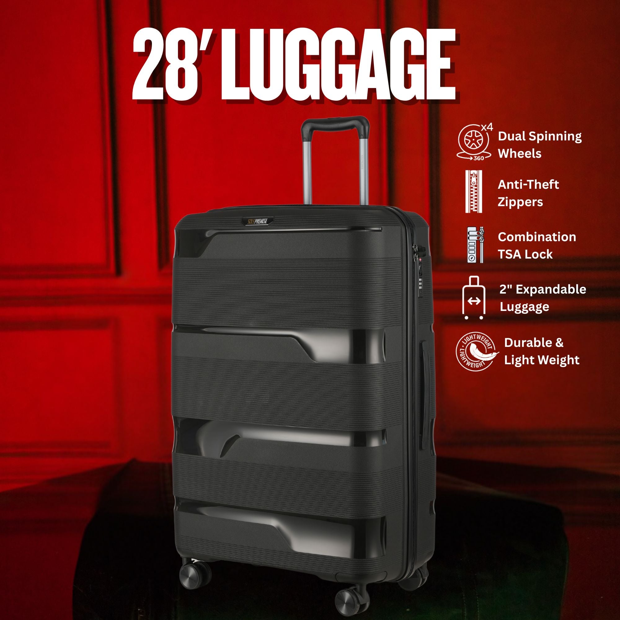 Black suitcase with features listed on a red background