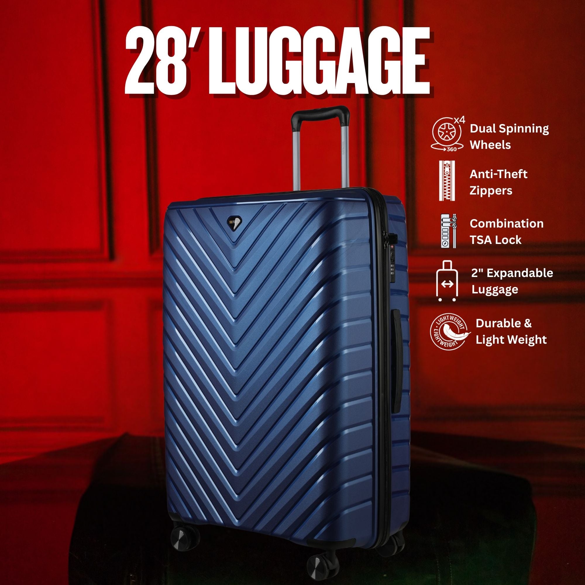 Blue suitcase with features listed on a red background