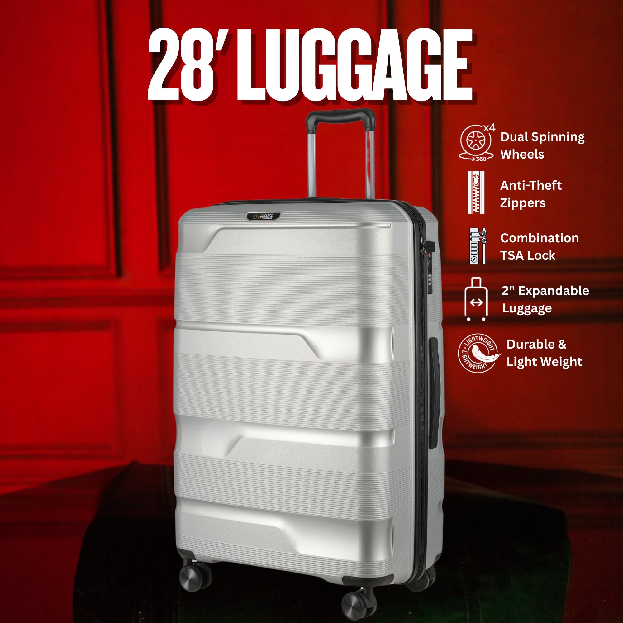 Silver suitcase with features listed on a red background