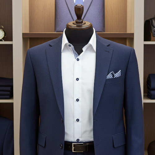 Navy blazer with white shirt and checkered pocket square on a mannequin against a neutral background.