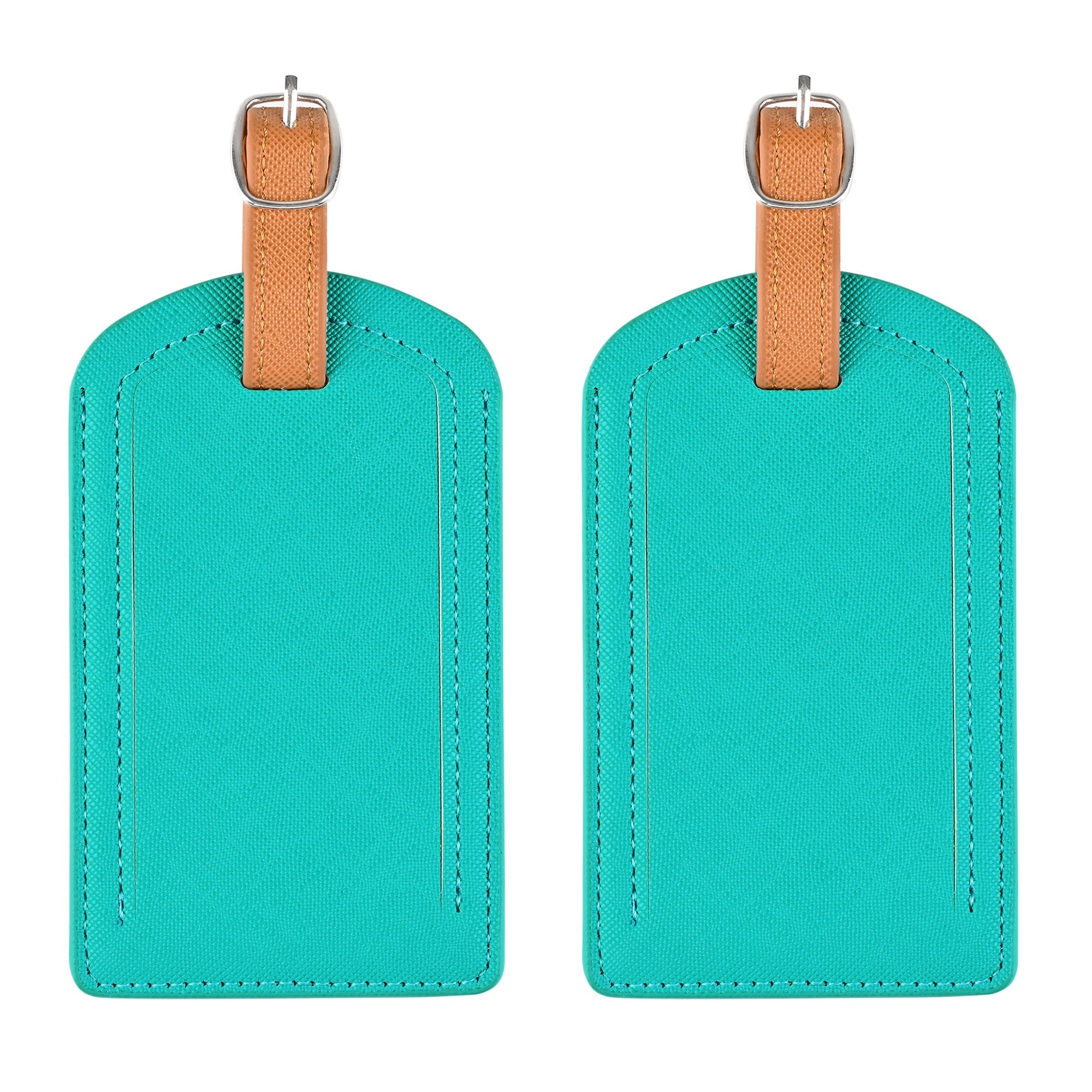 Two turquoise luggage tags with brown straps on a white background