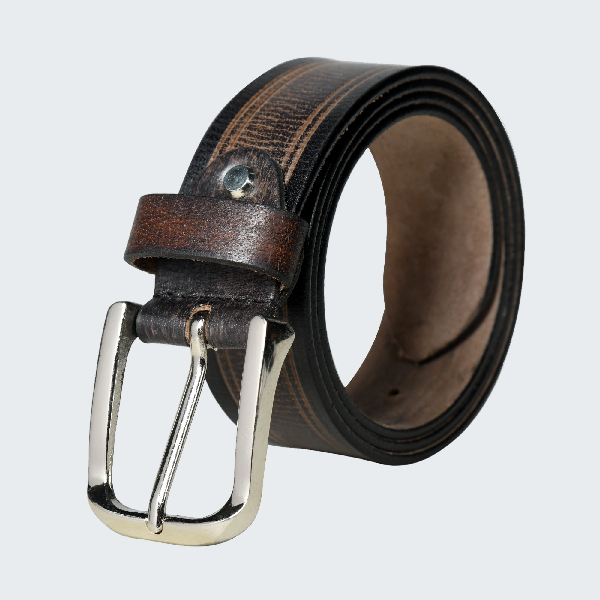 Brown leather belt with silver buckle on a white background