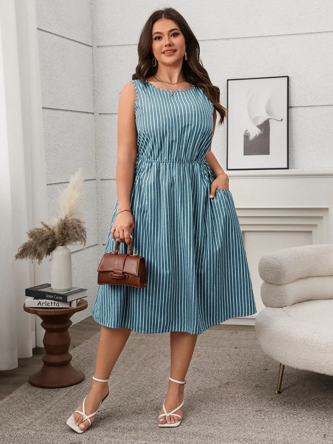 Plus Size Striped Round Neck Sleeveless Dress