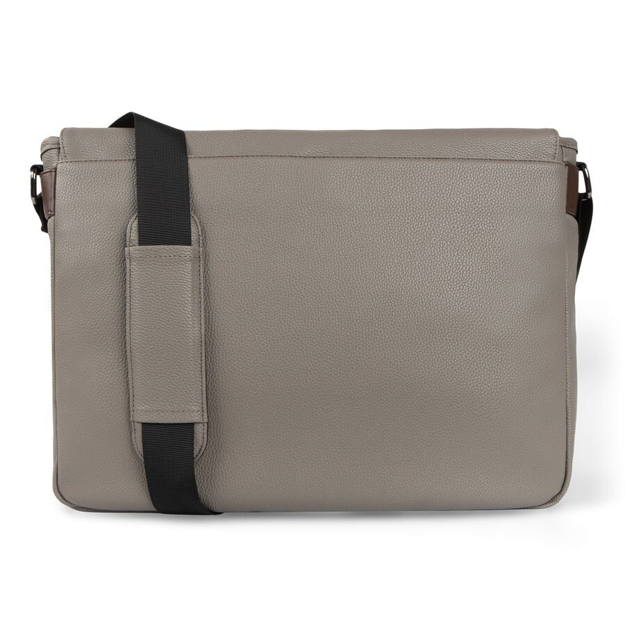 Gray shoulder bag with a black strap on a white background