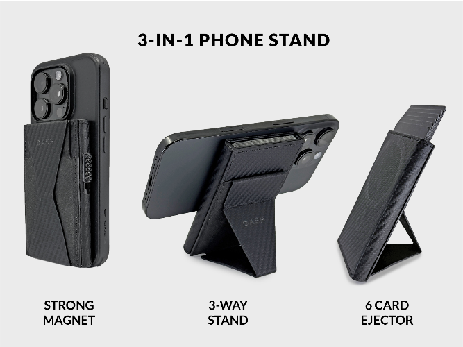Black 3-in-1 phone stand with features highlighted on a light gray background