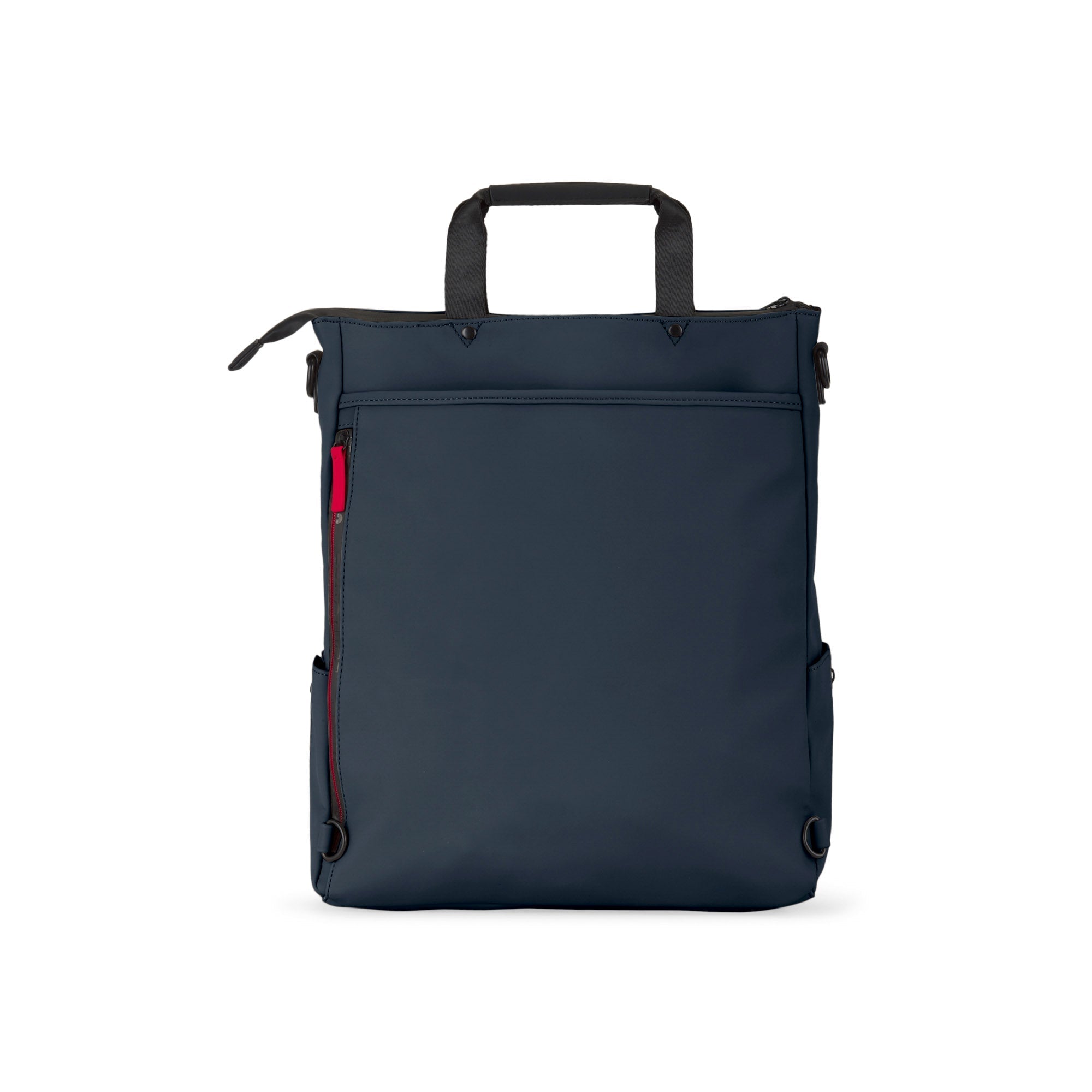 Navy blue backpack with a red zipper on a white background