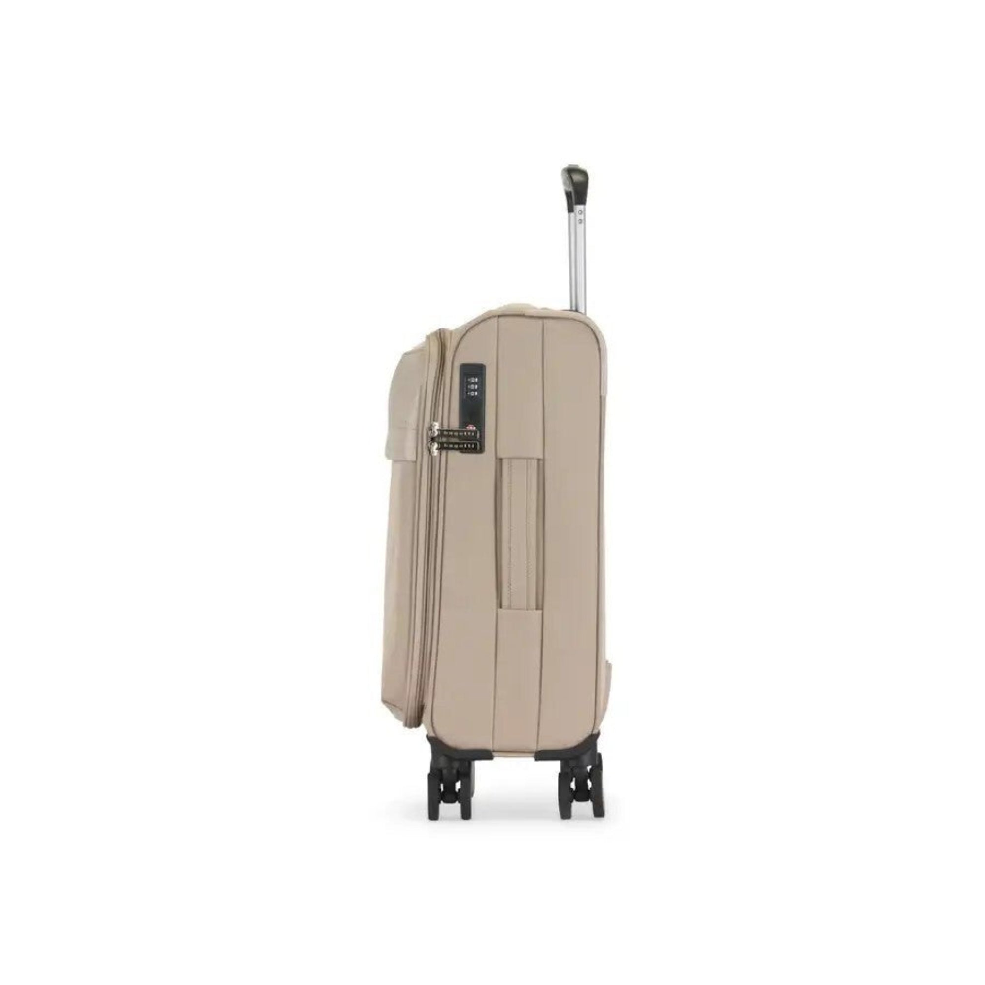 Beige suitcase with wheels on a white background