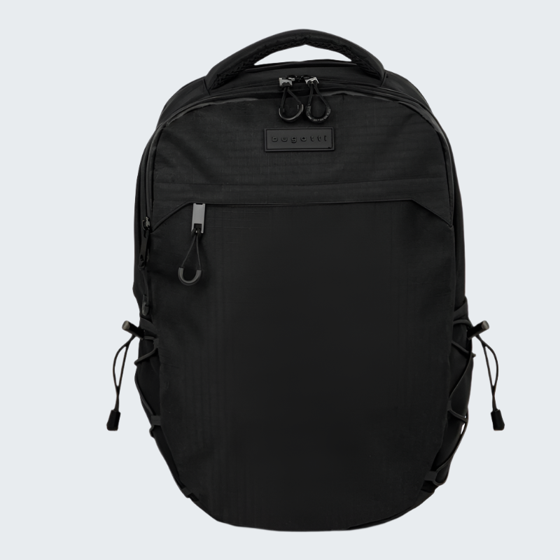 Black backpack with multiple pockets and straps on a white background