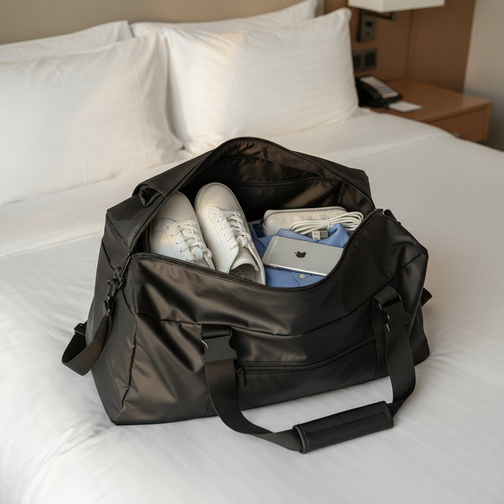 Black backpack with a sneaker and phone inside on a white background