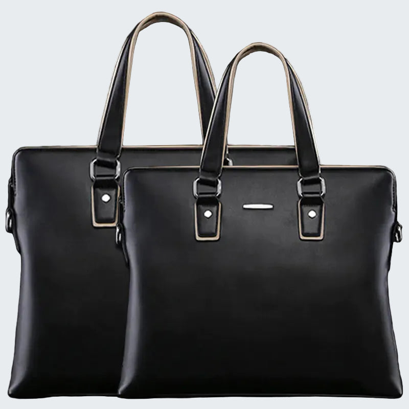 Black leather briefcase with G.S. Patton logo on a white background