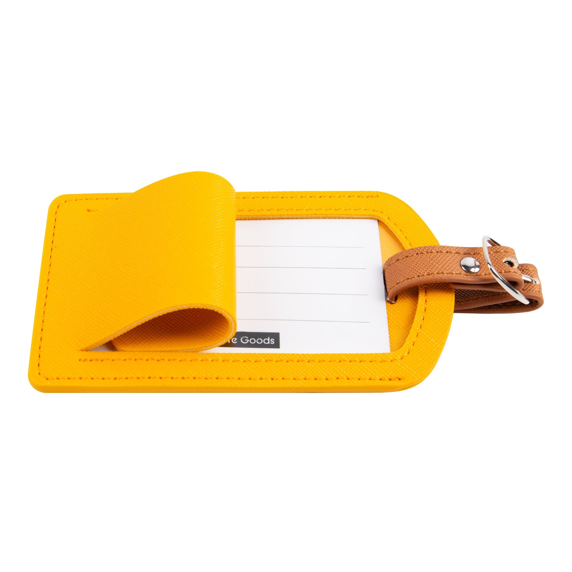 Yellow luggage tag with a brown strap on a white background