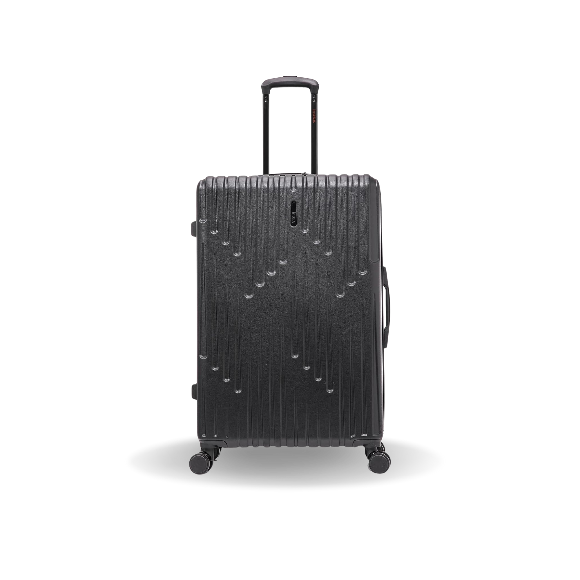 Black suitcase with wheels on a white background