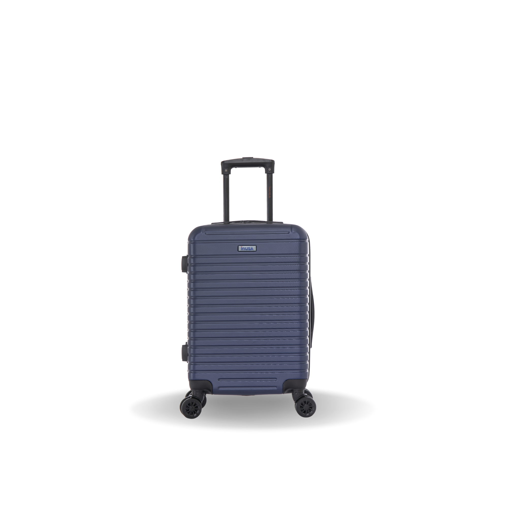 Blue suitcase with a visible brand logo on a white background