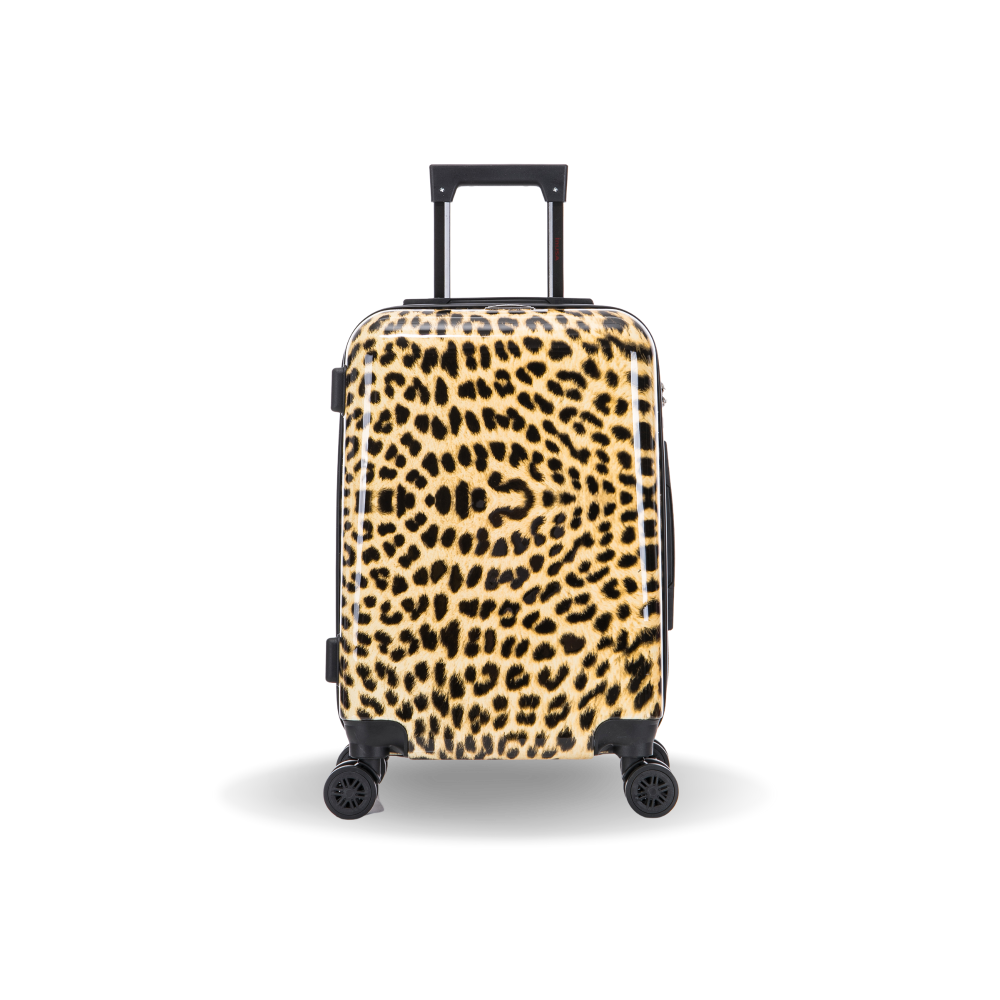 Leopard print suitcase on a white background