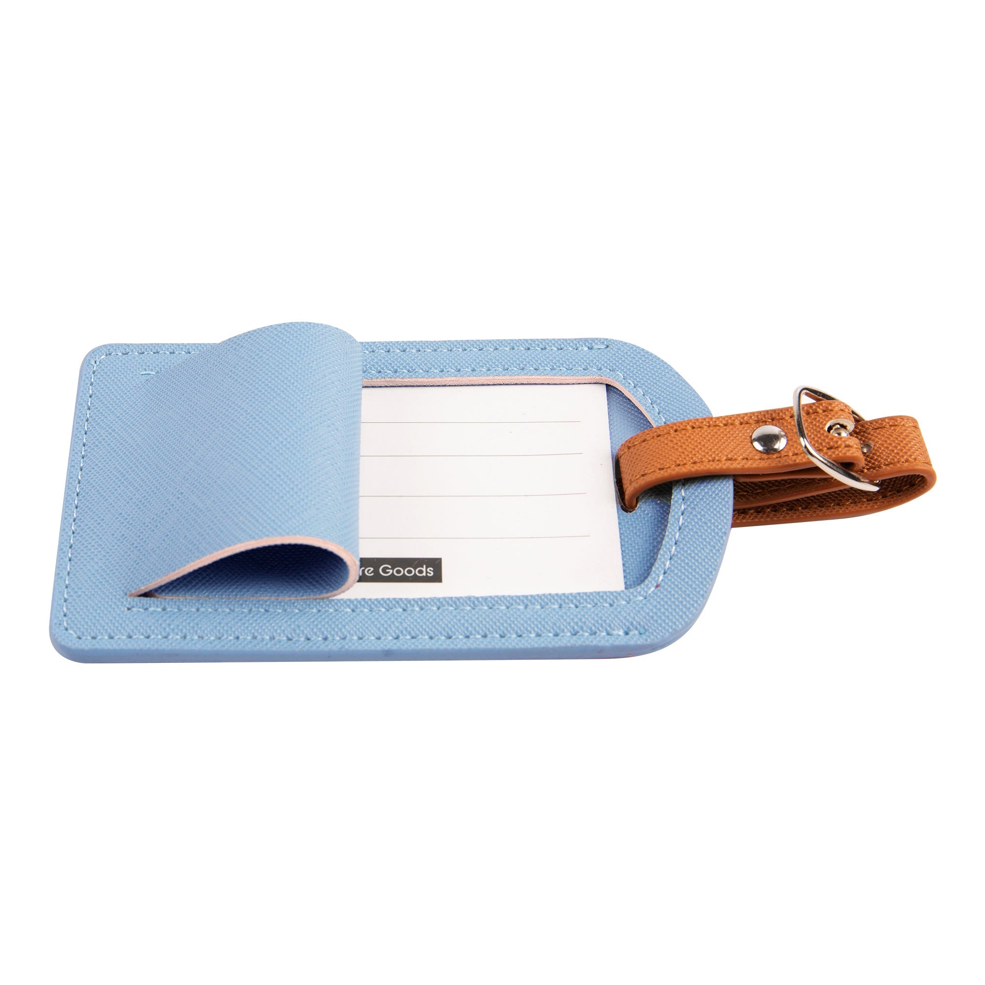 Light blue luggage tag with a brown strap on a white background