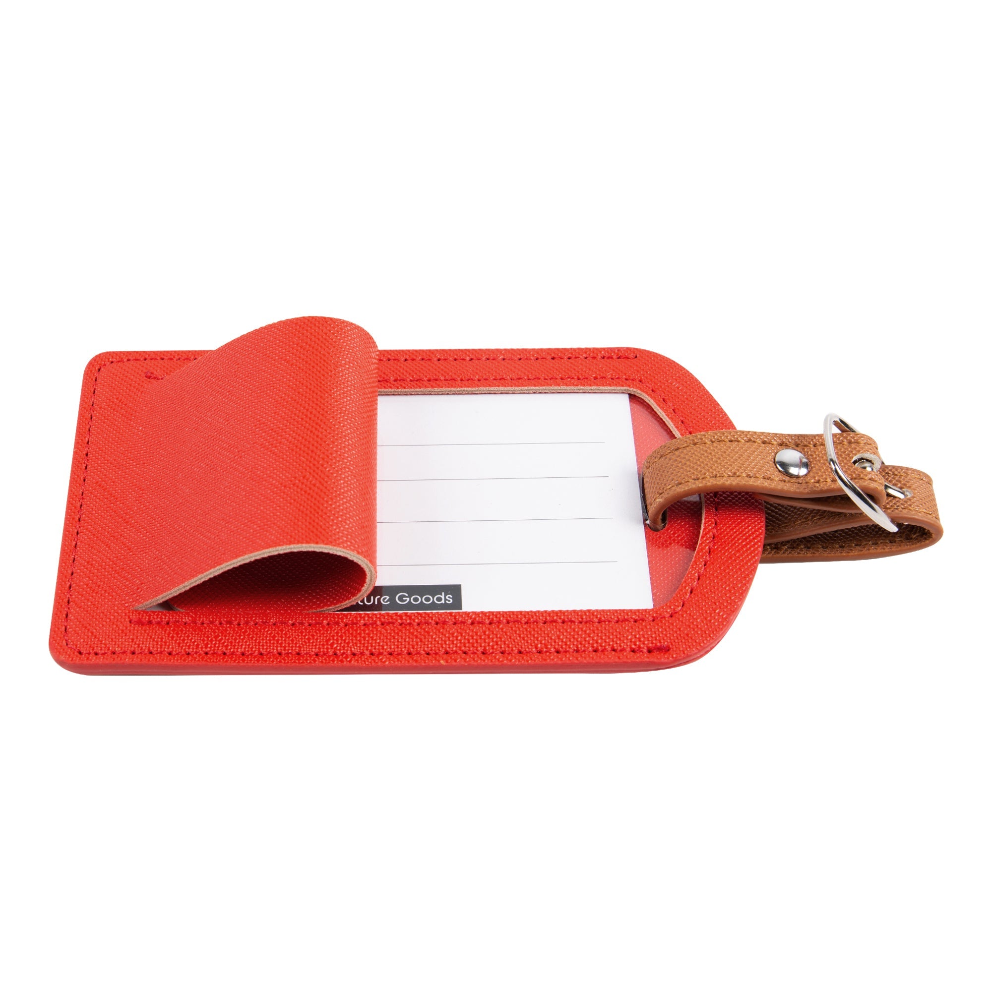 Red luggage tag with a brown strap on a white background