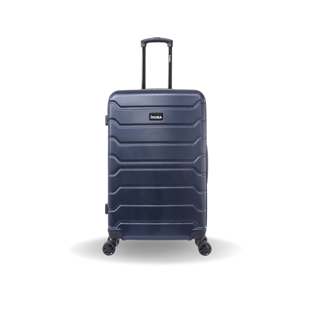 Navy blue suitcase with 'InUSA' branding on a white background