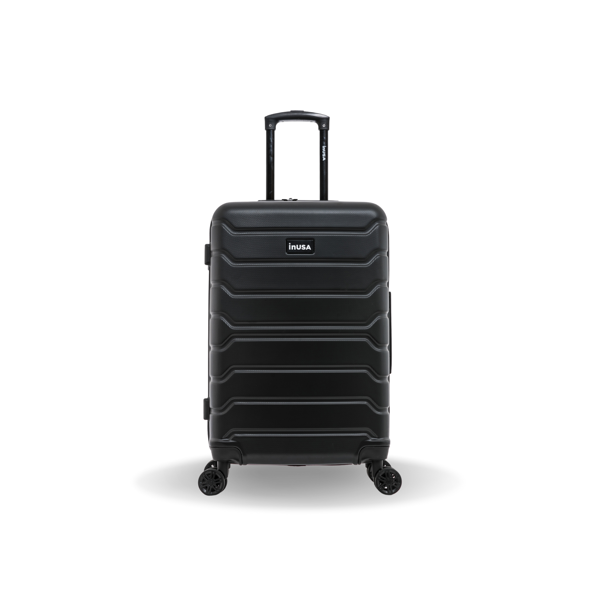 Black suitcase with 'InUSA' branding on a white background