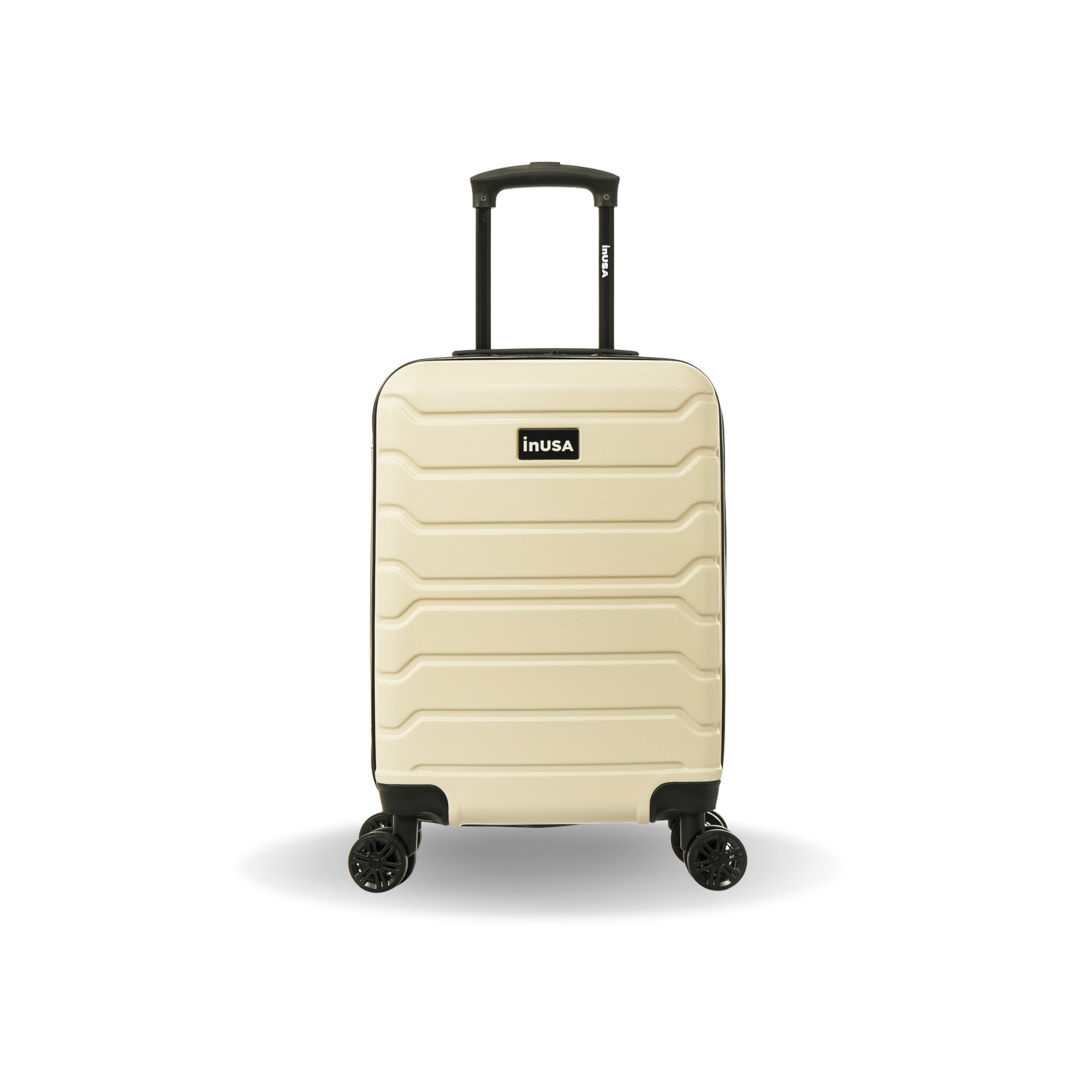 Beige suitcase with 'inUSA' branding on a white background