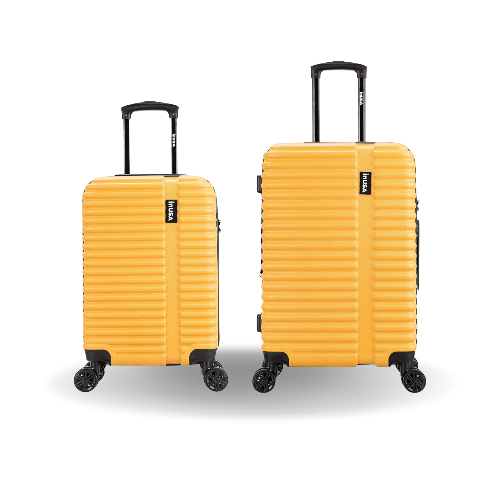 Two yellow suitcases with black wheels on a white background