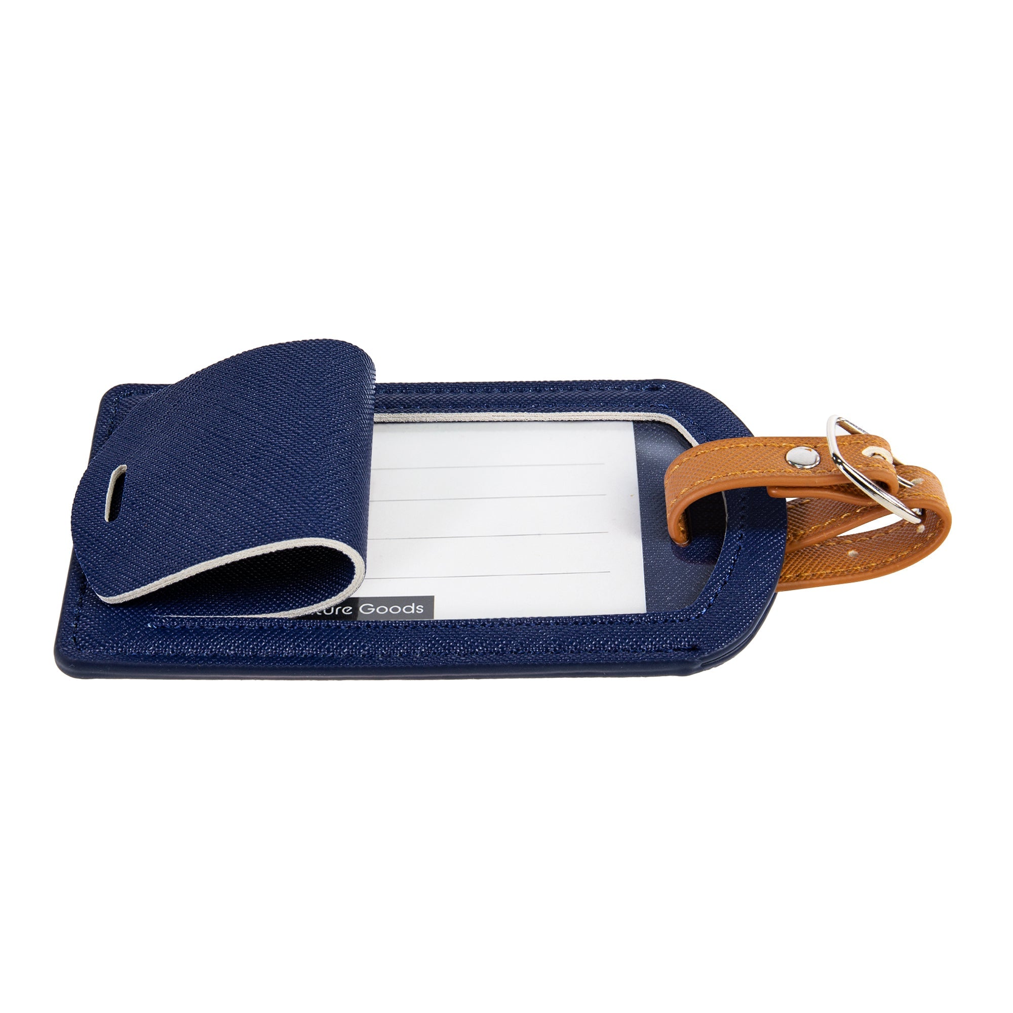 Navy blue luggage tag with a white label and brown strap on a white background