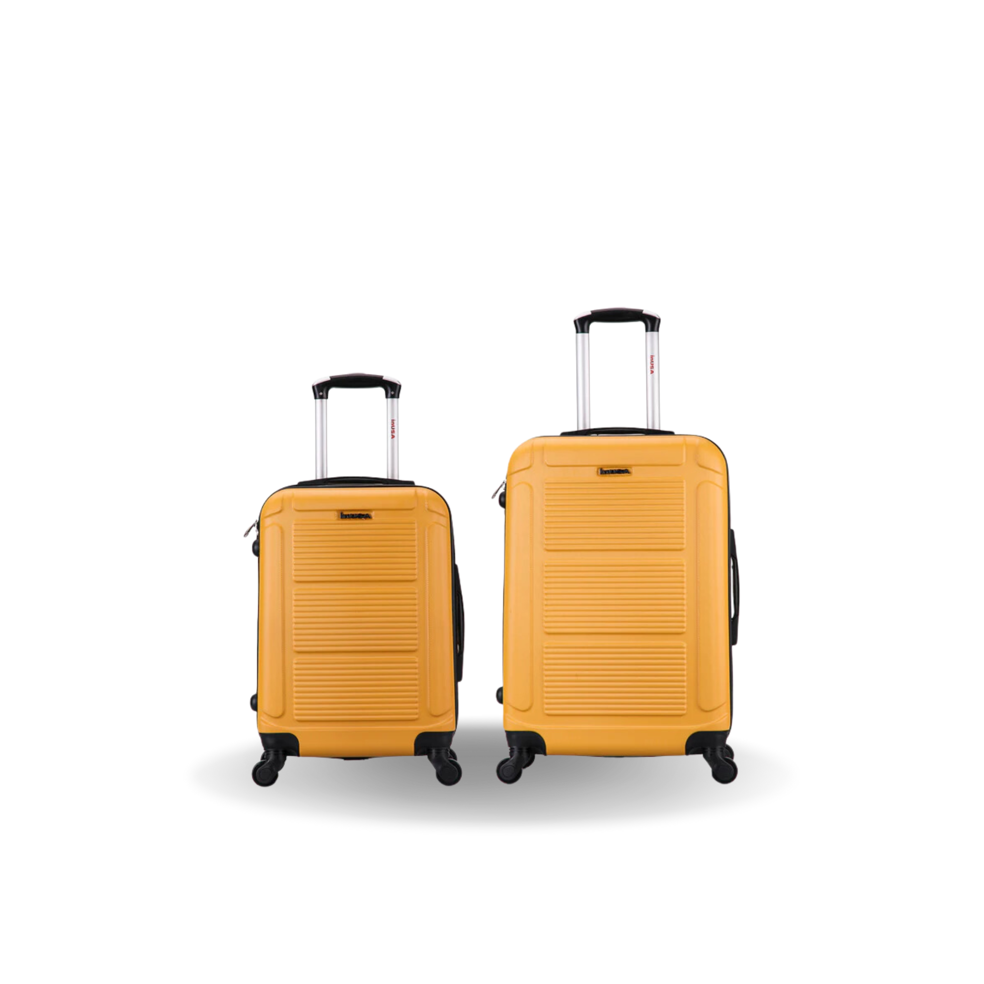 Two mustard yellow suitcases with wheels on a white background