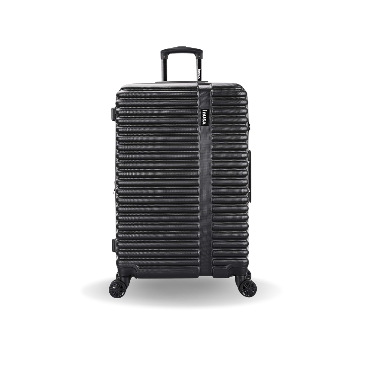 Black suitcase with a striped pattern on a white background
