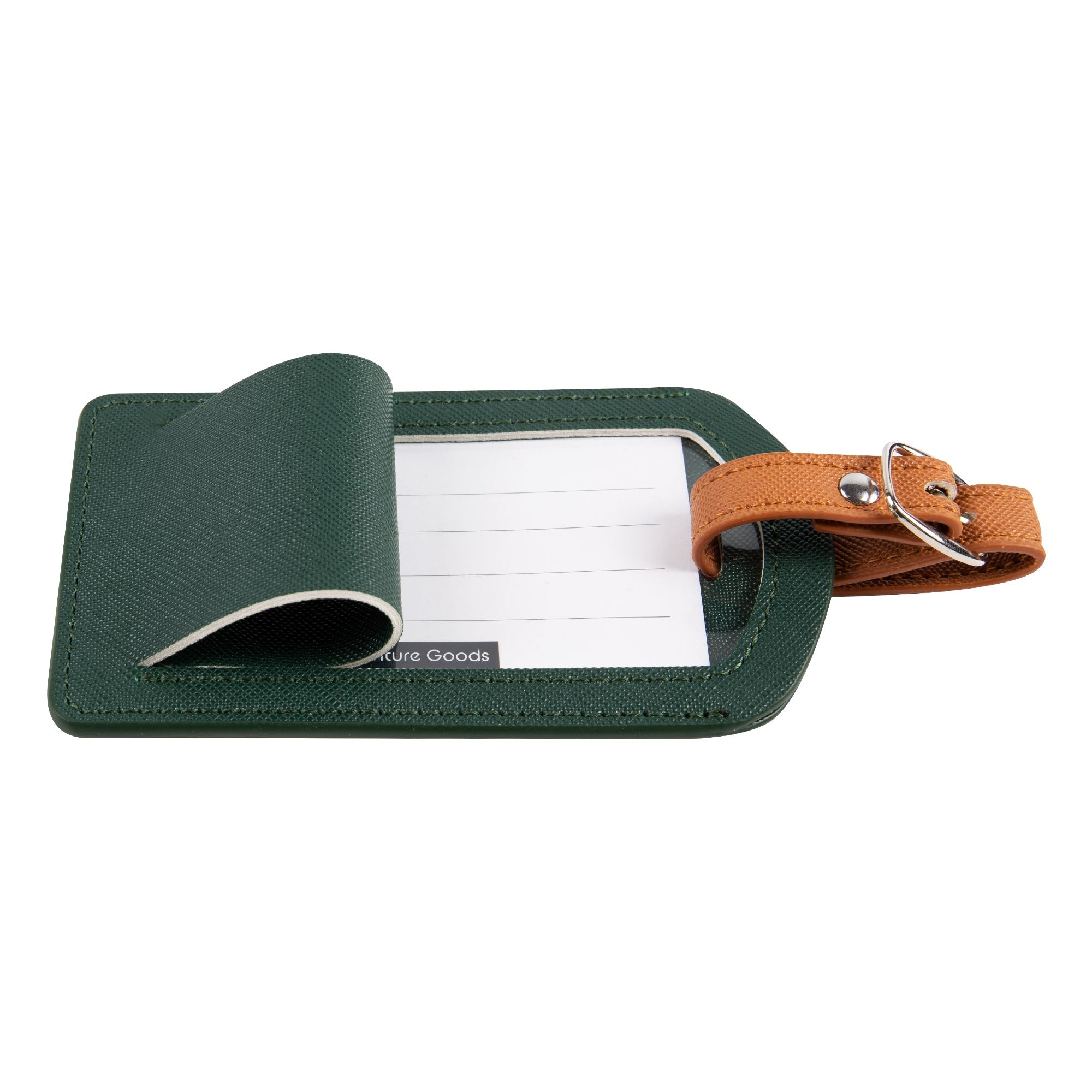 Green luggage tag with a brown strap and silver buckle on a white background
