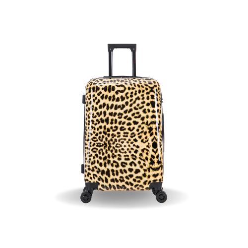 Leopard print suitcase on a white background