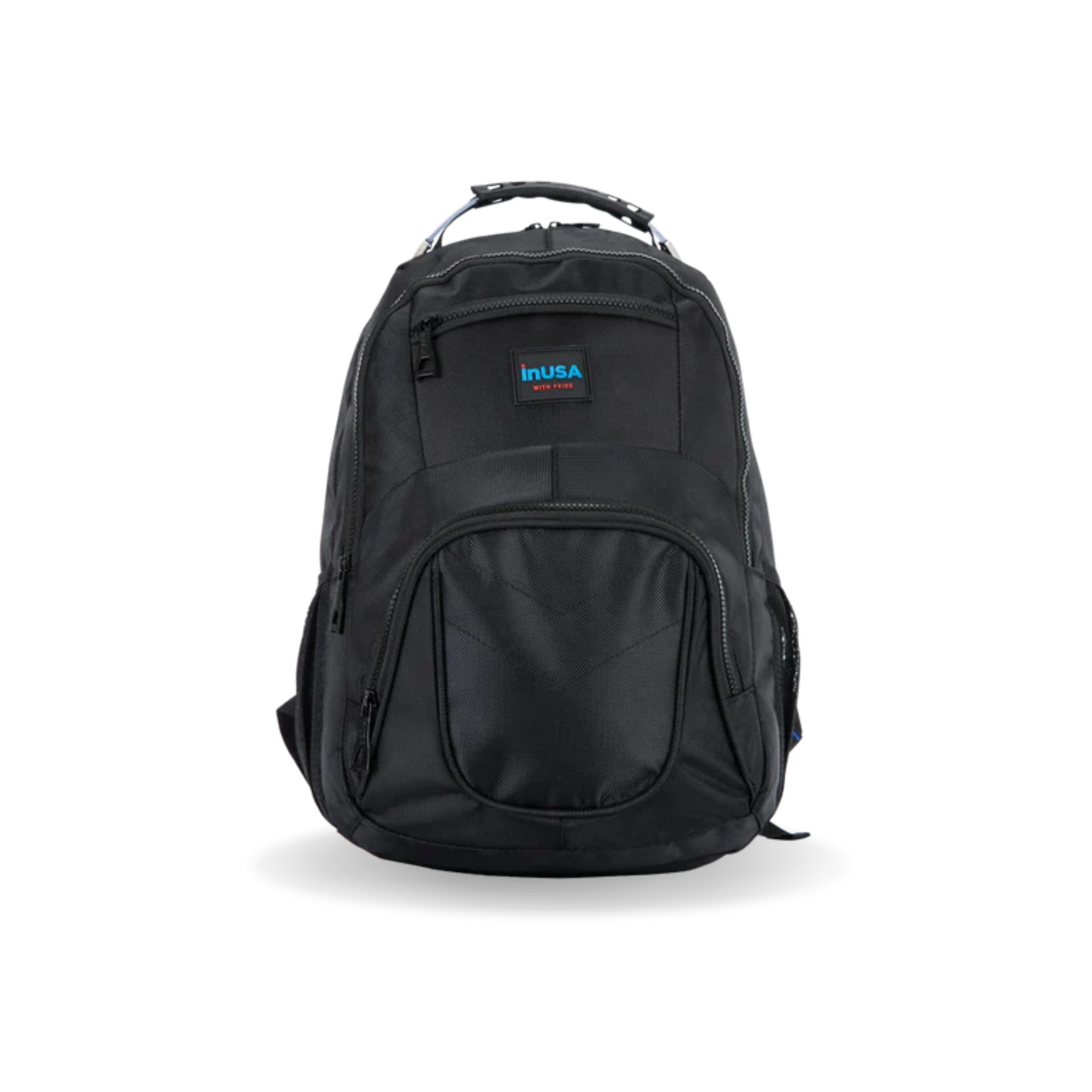 Black backpack with 'InUSA' logo on a white background