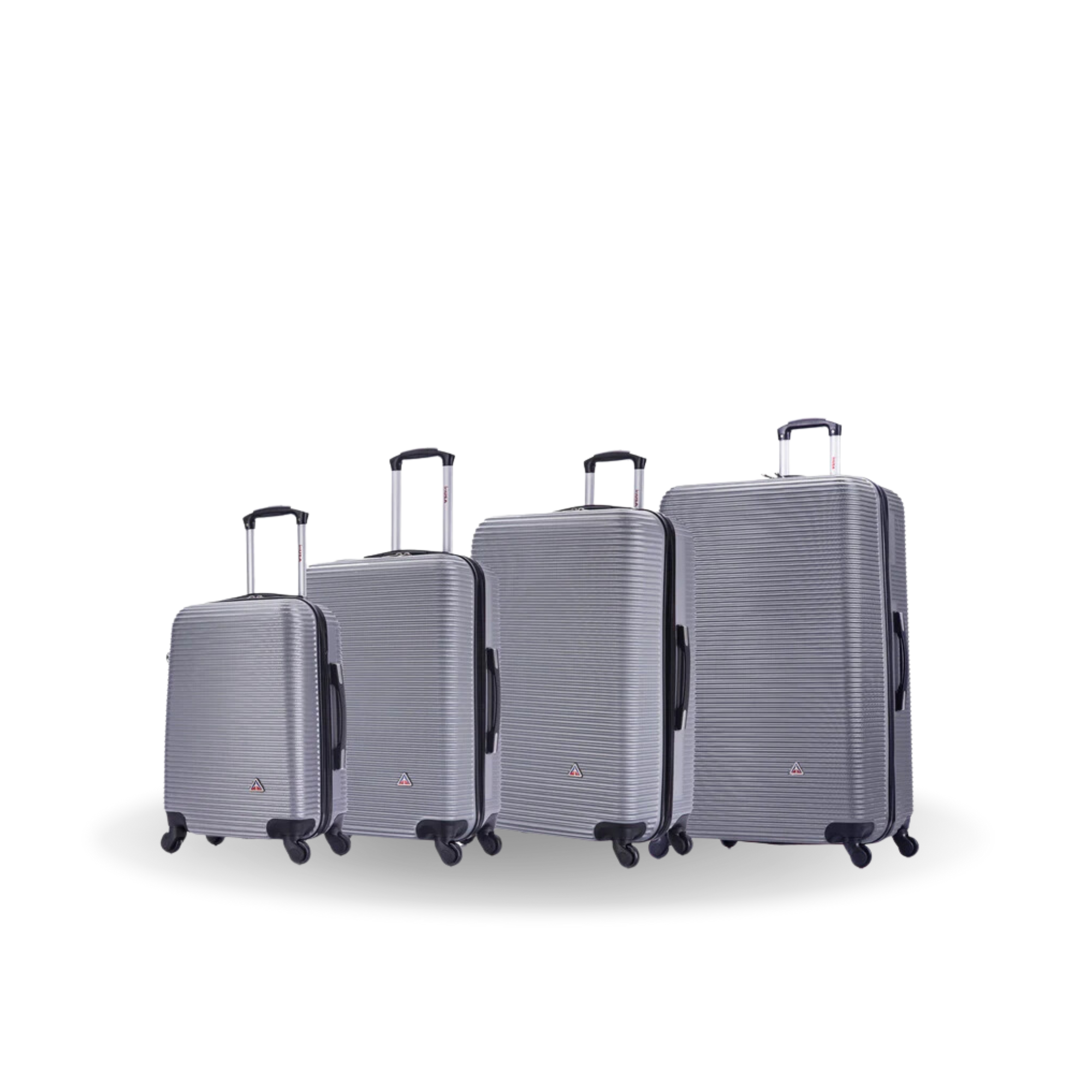 Set of four gray suitcases of different sizes on a white background