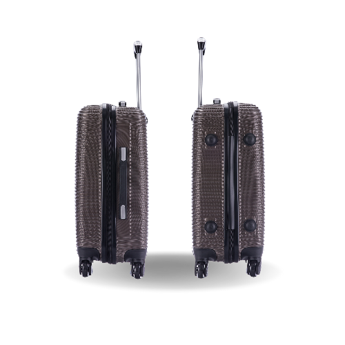 Two brown suitcases with textured surface and wheels on a white background