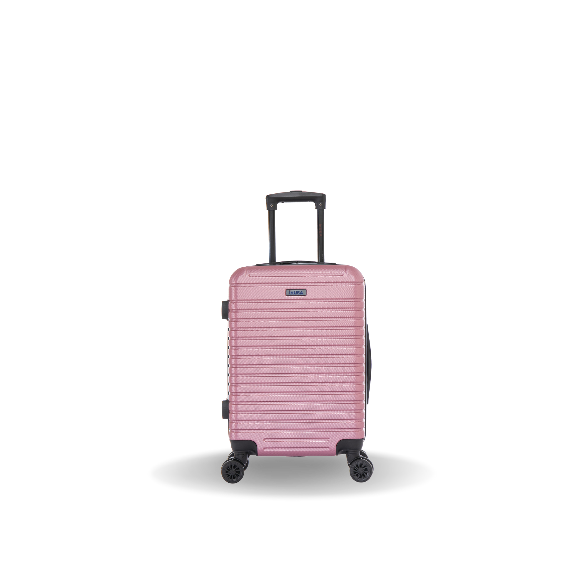 Pink suitcase with black wheels on a white background