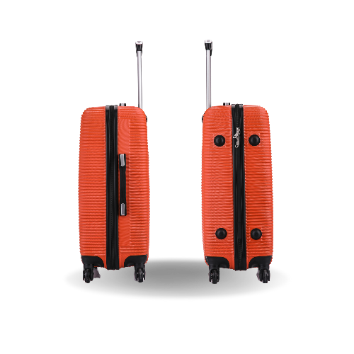 Two orange suitcases with black zippers on a white background