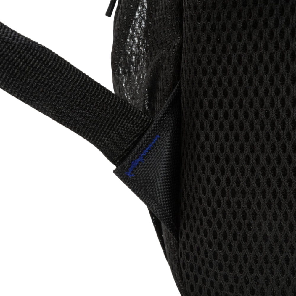Close-up of a black mesh bag with a strap on a white background