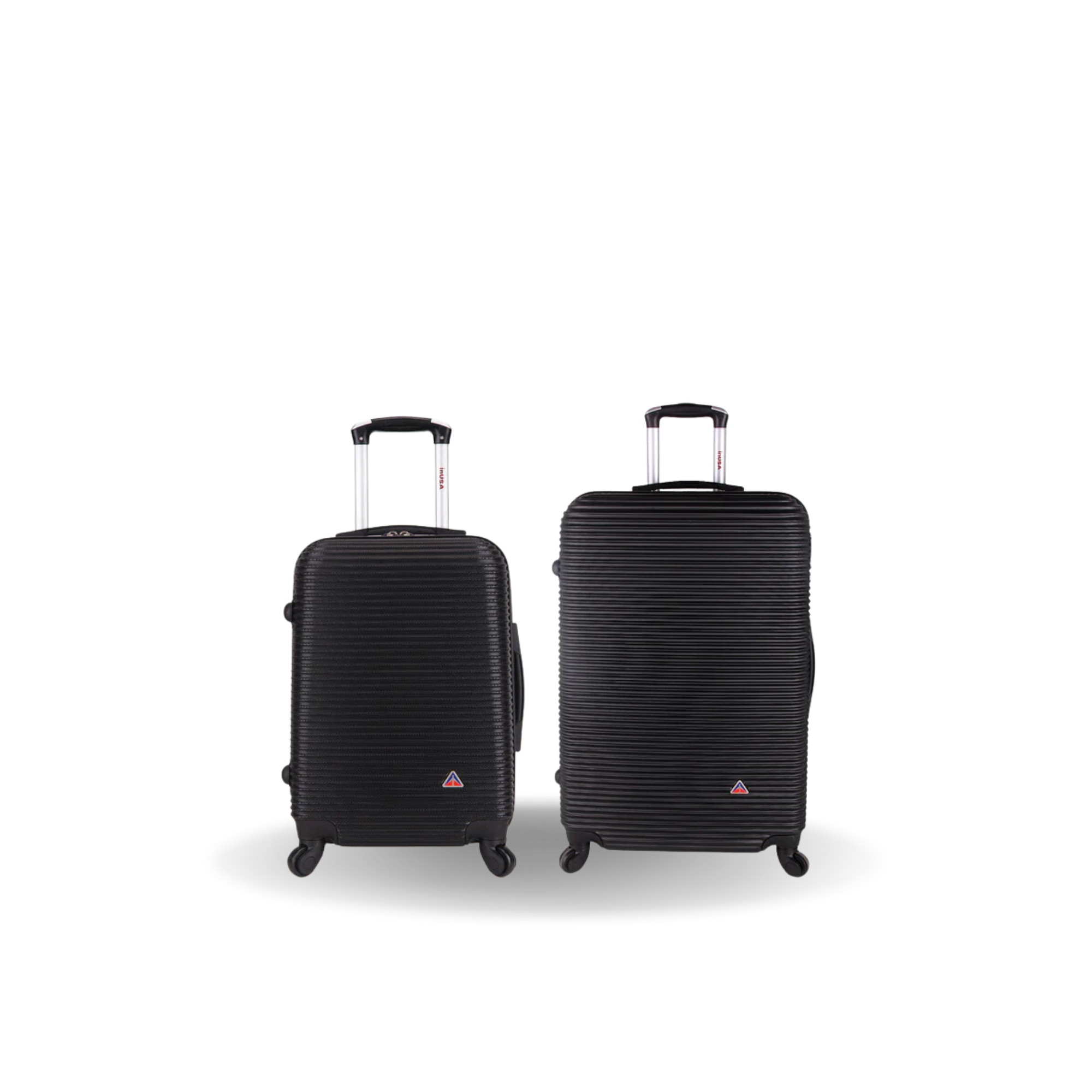 Two black suitcases with a textured pattern on a white background