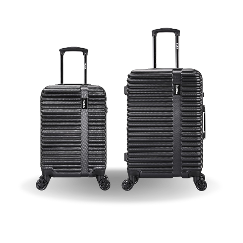 Two black suitcases with wheels on a white background