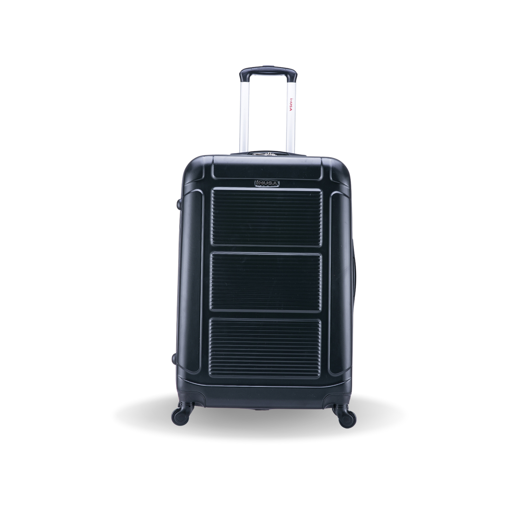 Black suitcase with a visible brand logo on a white background