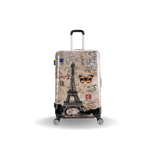 Luggage with Eiffel Tower and butterfly design on a white background