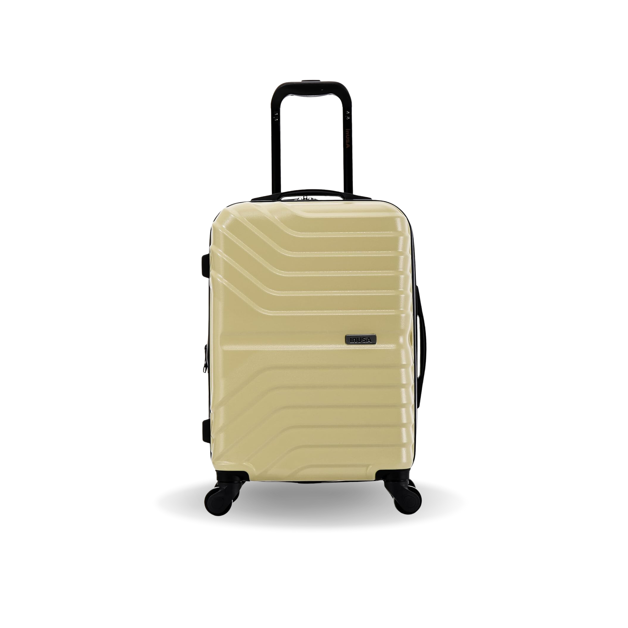 Beige suitcase with a black handle on a white background