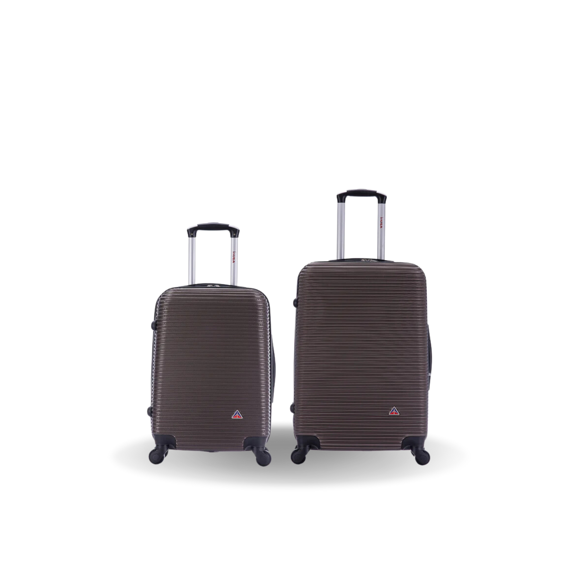 Two brown suitcases with wheels on a white background