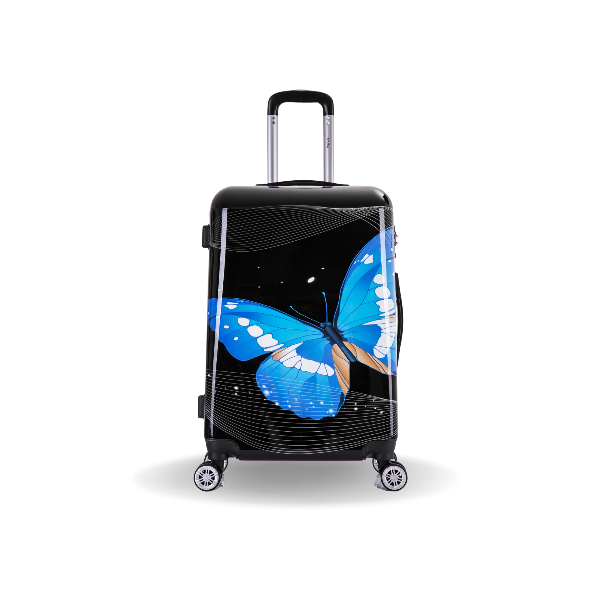 Black suitcase with a blue butterfly design on a white background