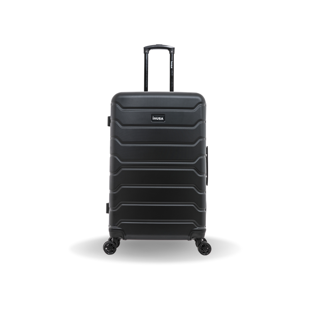 Black suitcase with 'InUSA' branding on a white background