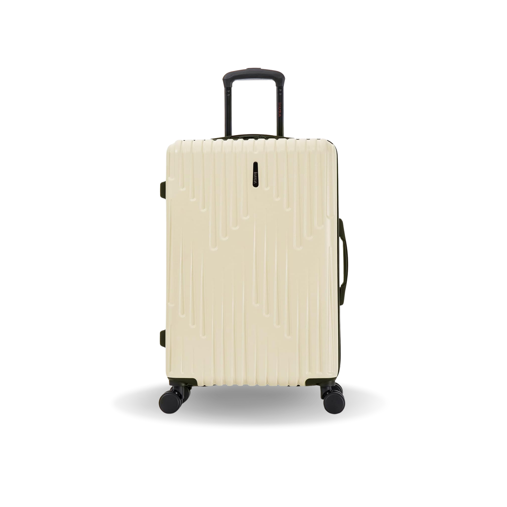 Beige suitcase with a ribbed texture on a white background