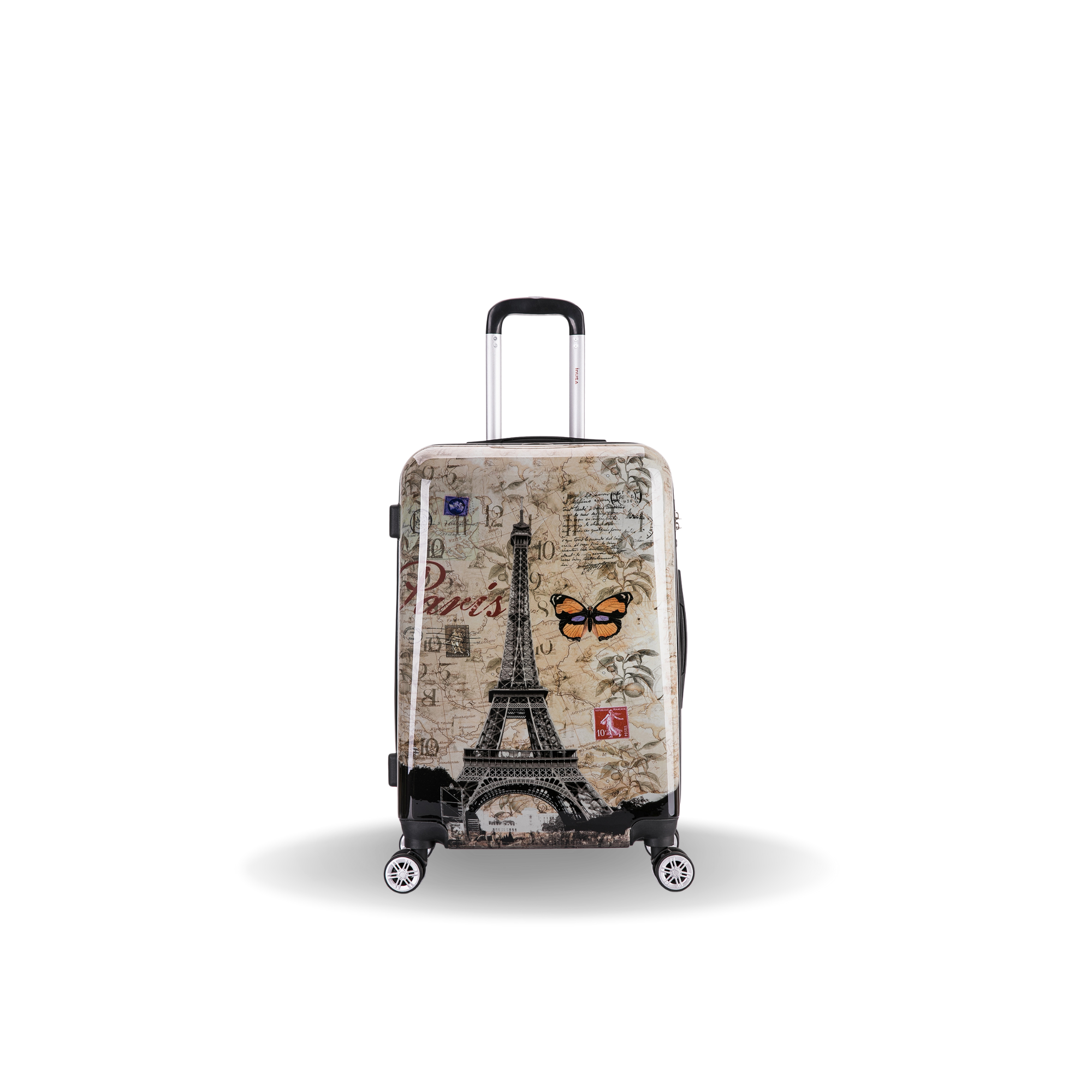 Suitcase with Eiffel Tower design on a white background