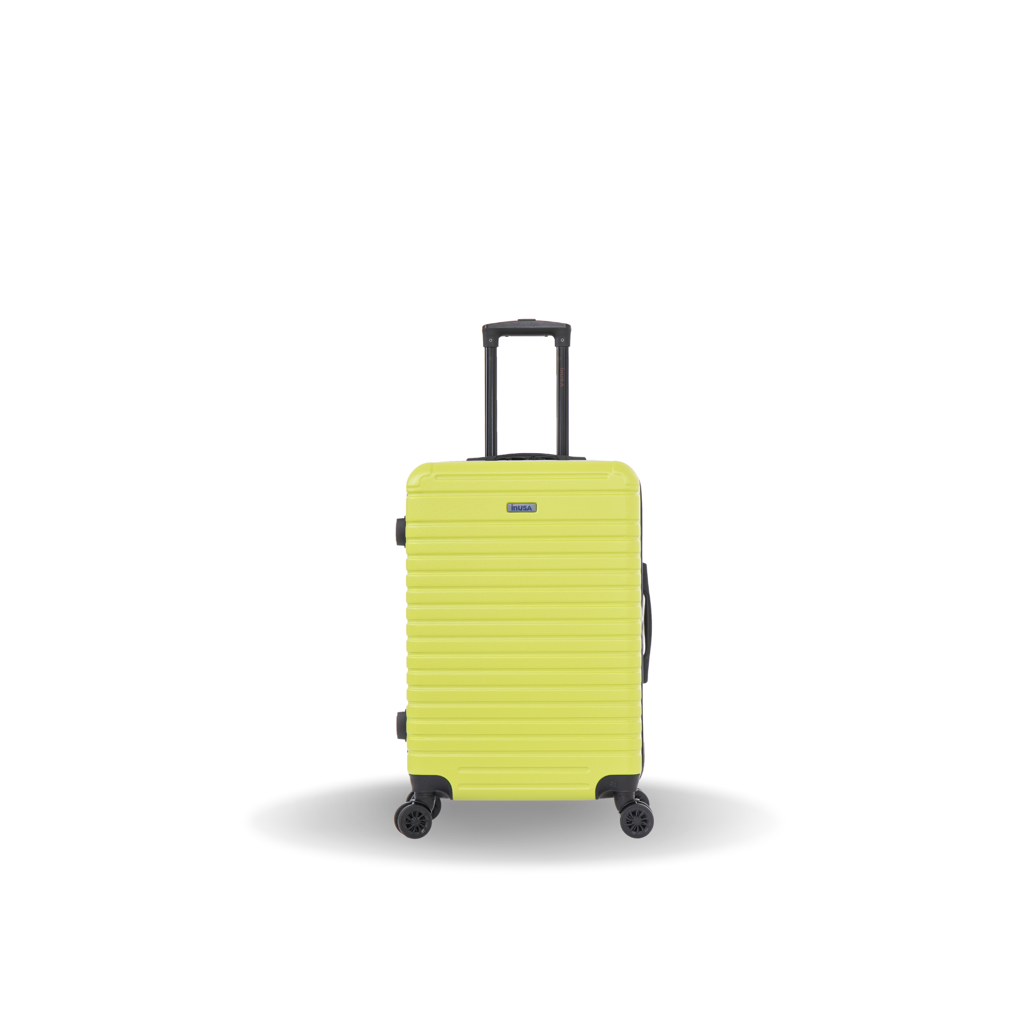 Yellow suitcase with black wheels on a white background