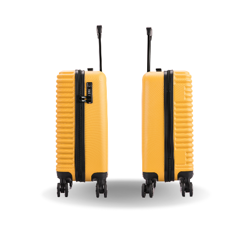 Two yellow suitcases with black accents on a white background
