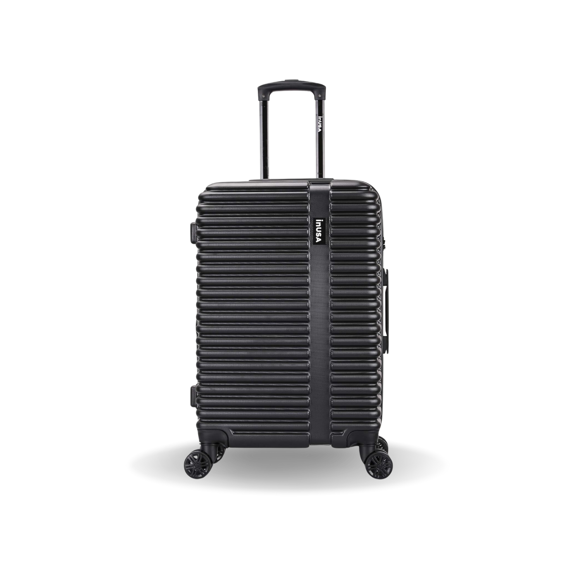 Black suitcase with 'InUSA' branding on a white background